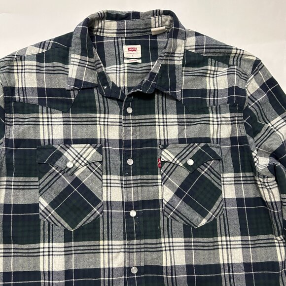 Vtg Levis Shirt Mens L Black Gray Plaid Western Pearl Snap Flannel Standard Fit - Picture 4 of 12